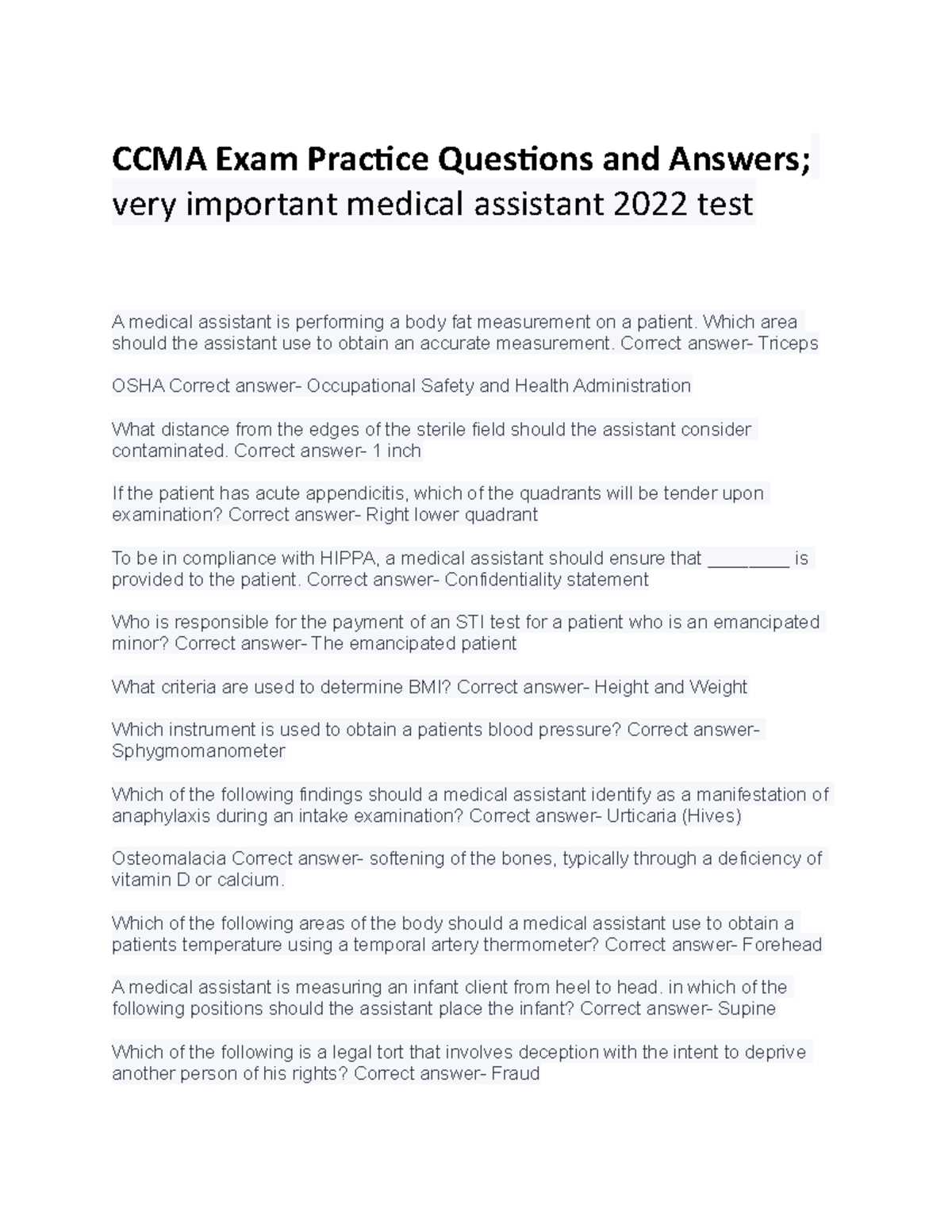 medical assistant exam questions and answers