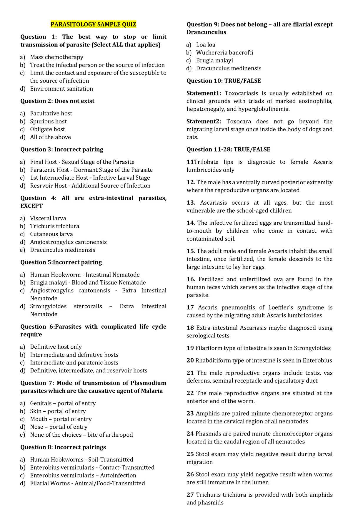 medical parasitology questions and answers