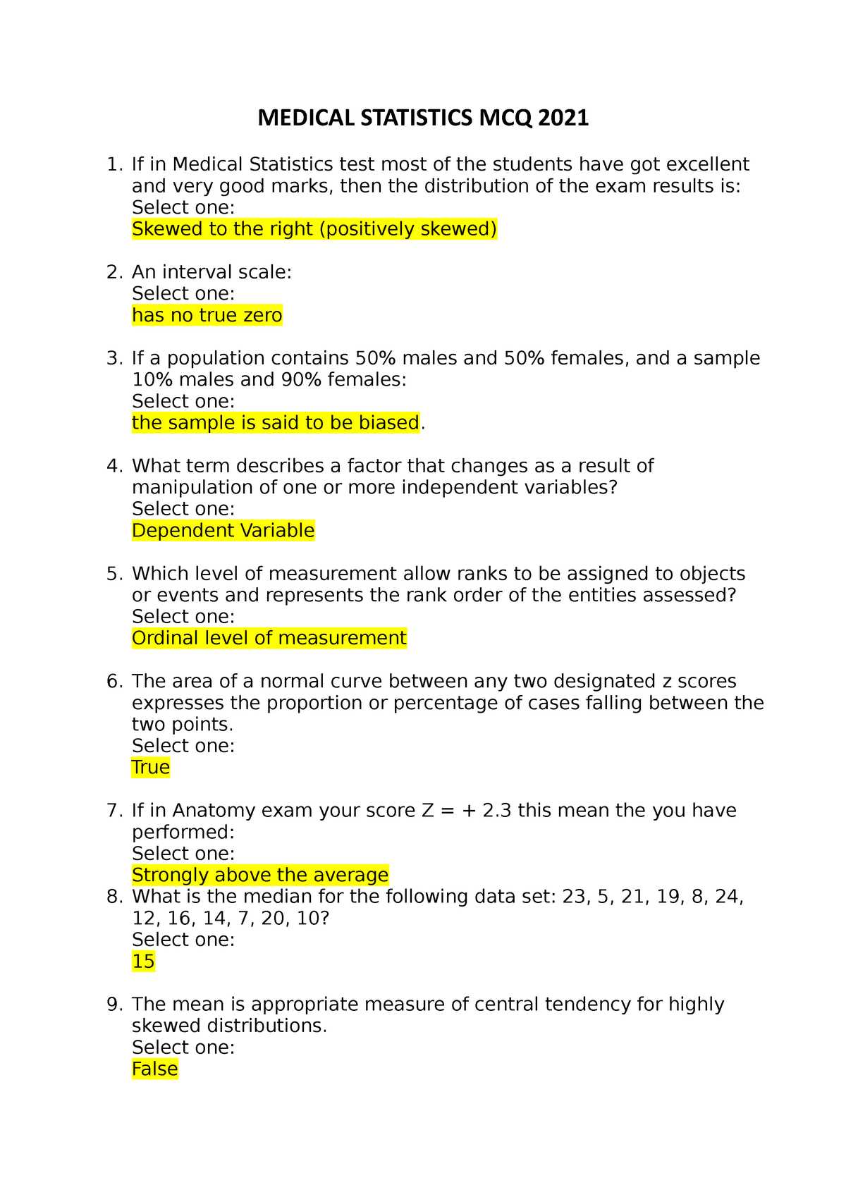 medical statistics exam questions and answers