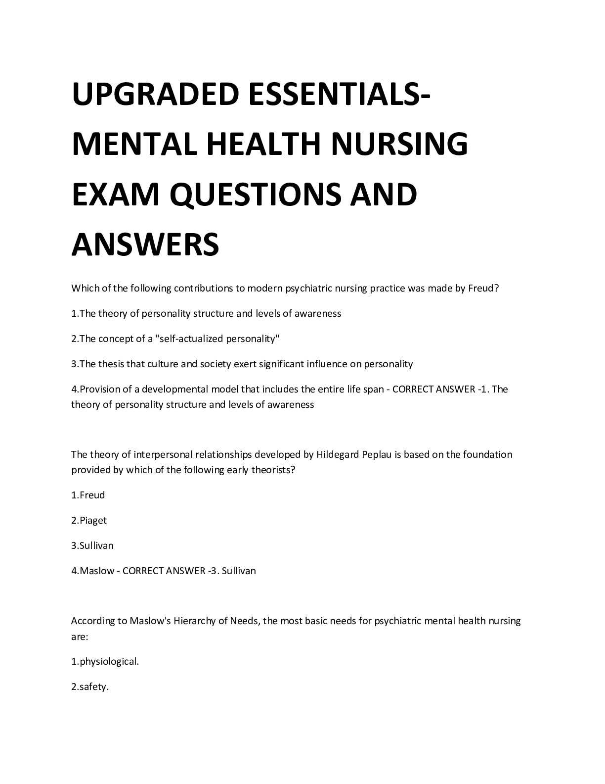 mental health exam questions and answers