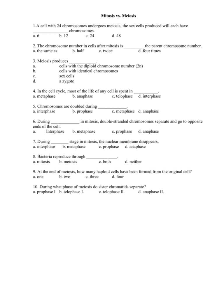 mitosis and meiosis test answers