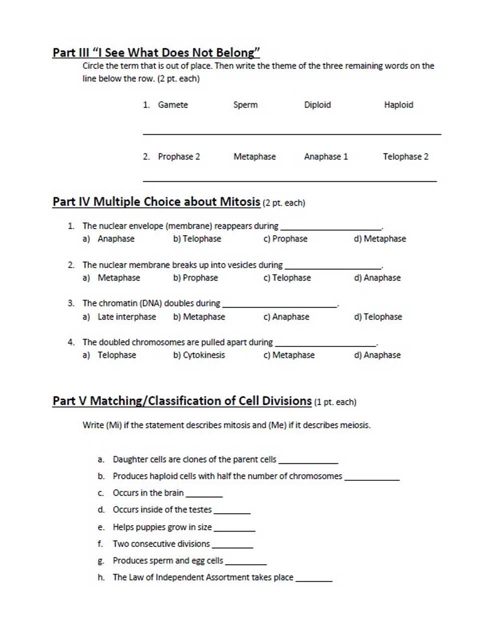 mitosis matching worksheet answers