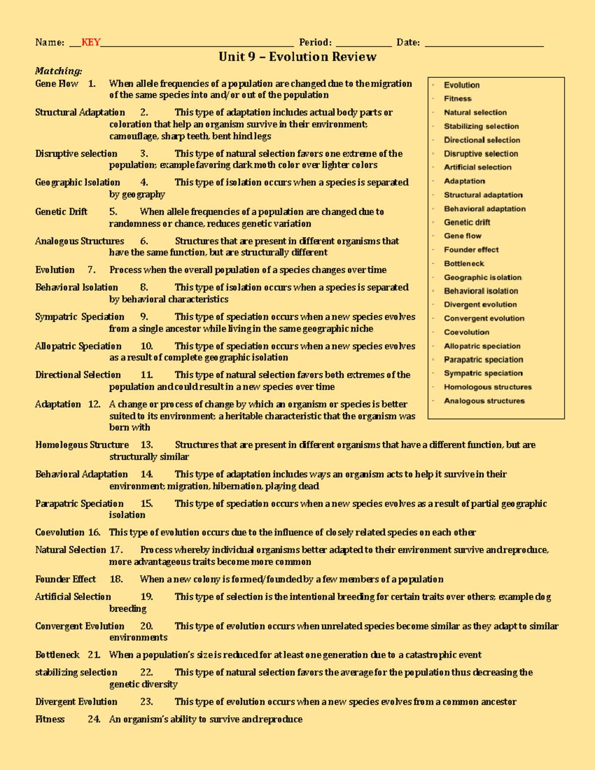 evolution exam review answers