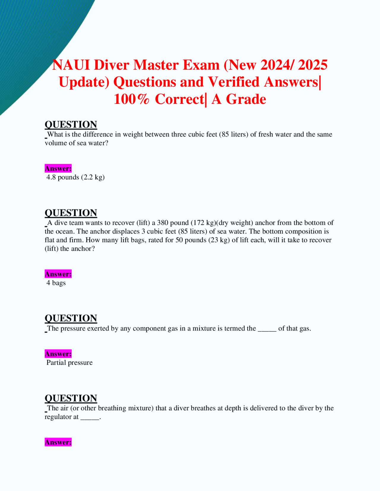 naui scuba diver exam answer key