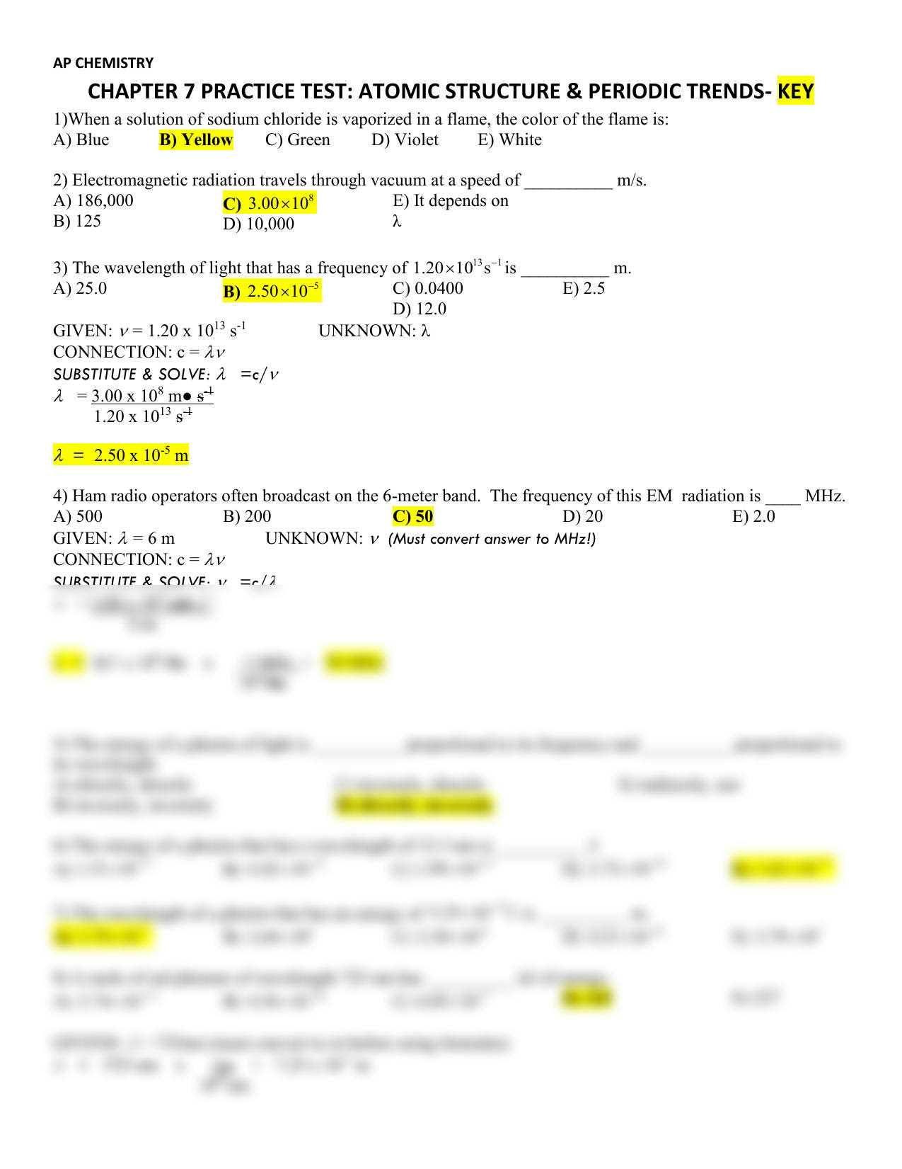 ap chemistry practice exam multiple choice answers