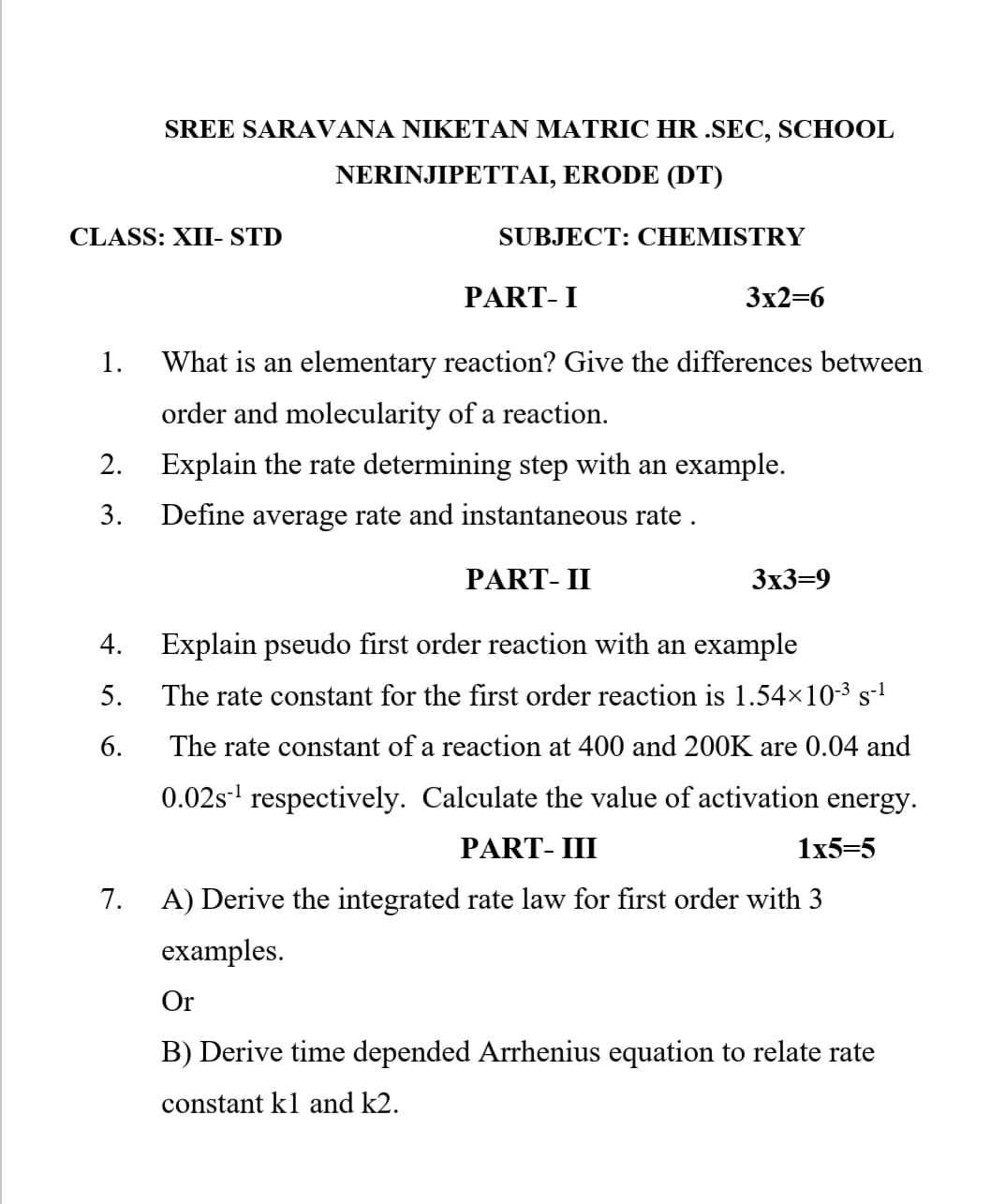 chemical kinetics exam questions with answers