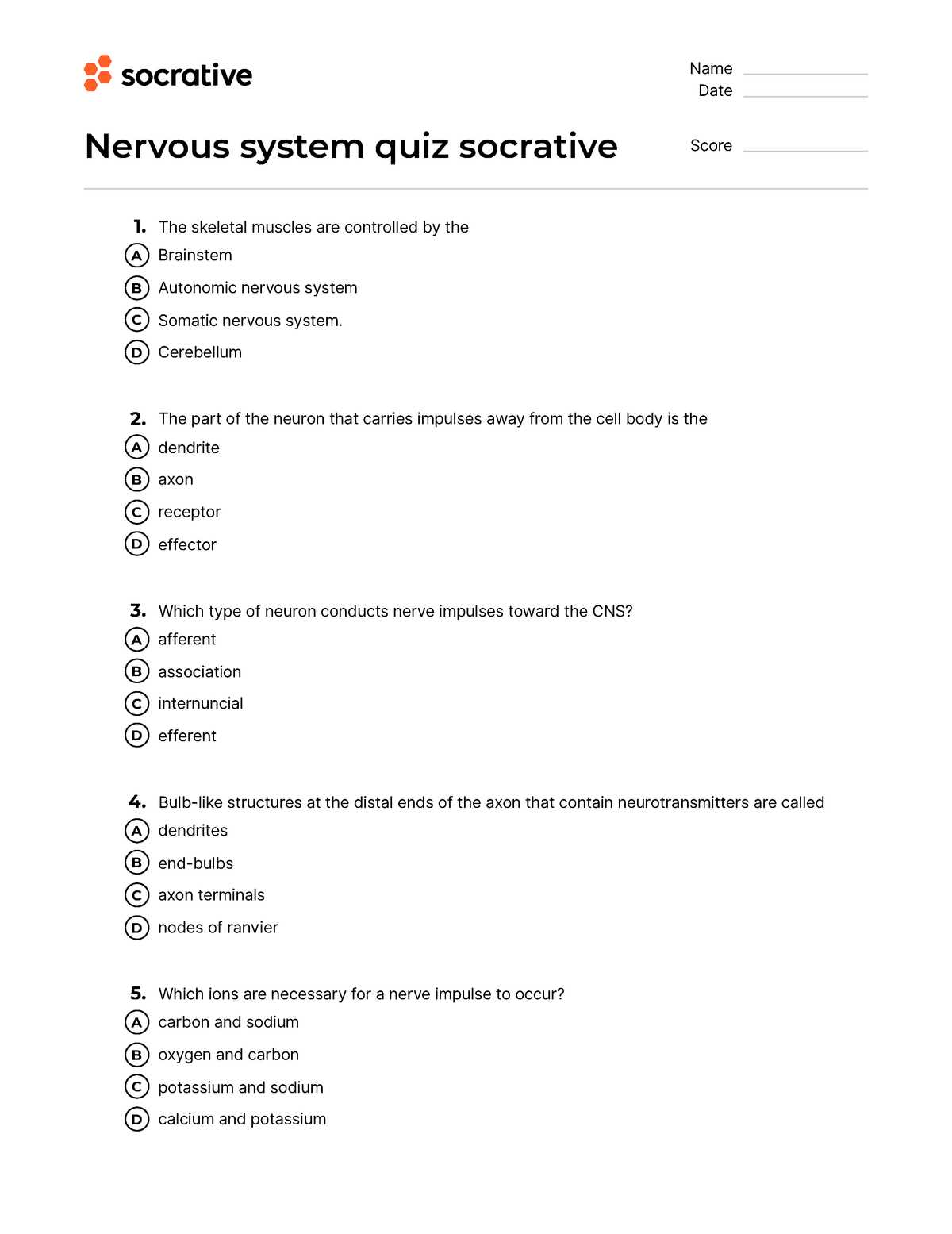 nervous system multiple choice questions and answers