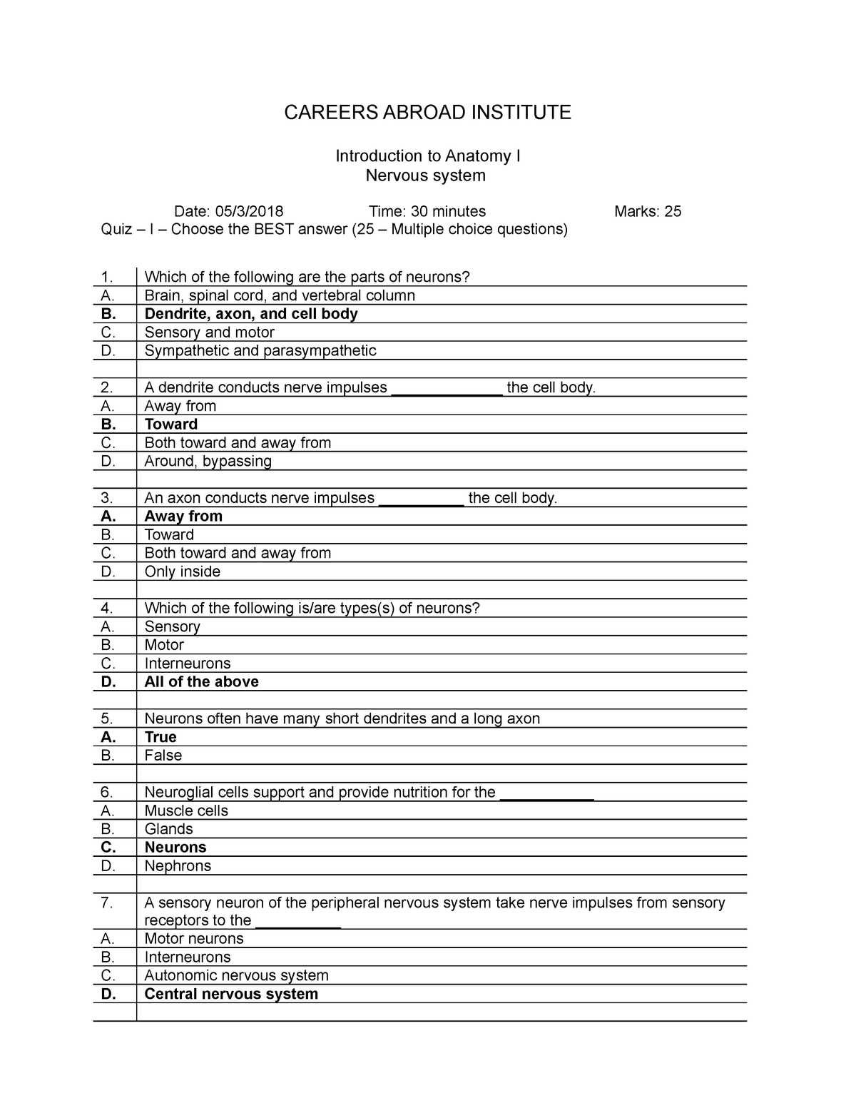 nervous system test questions and answers