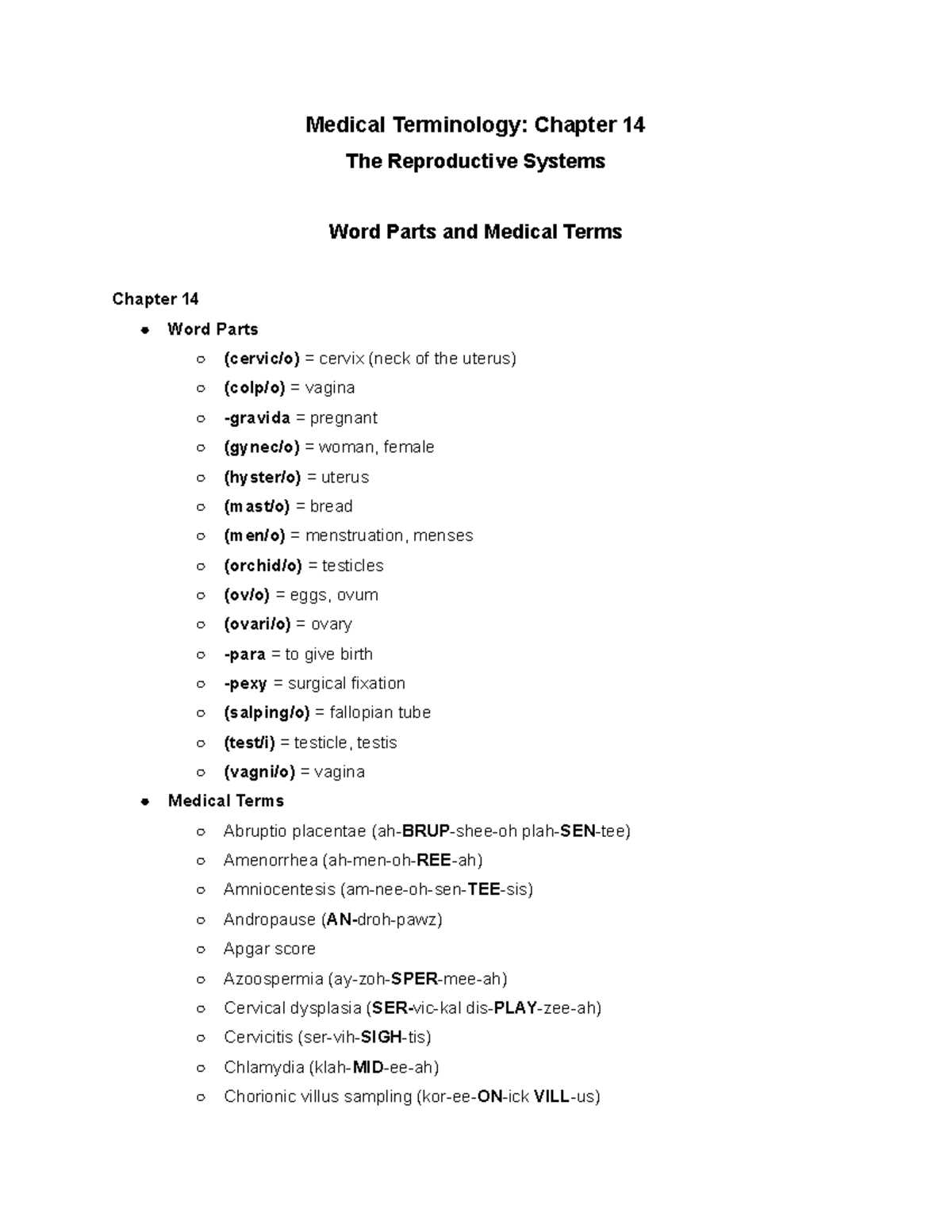 medical terminology chapter 14 answers