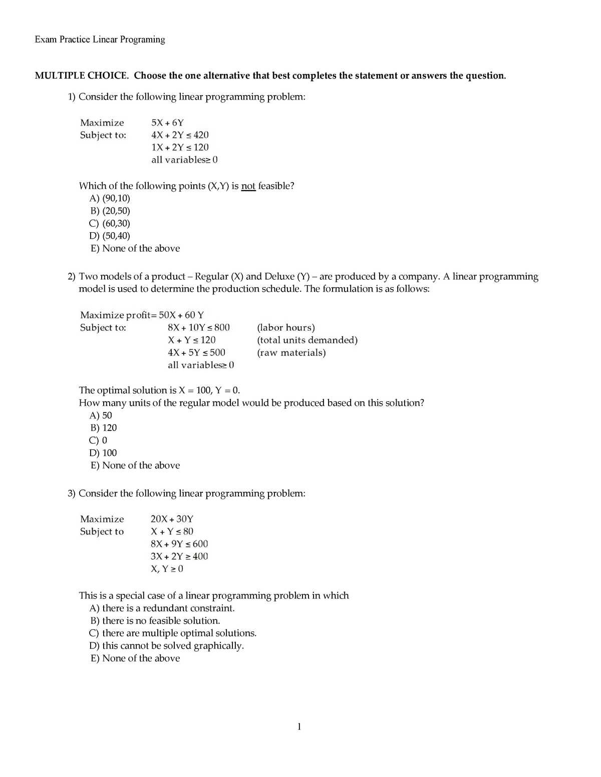 linear programming exam questions answers