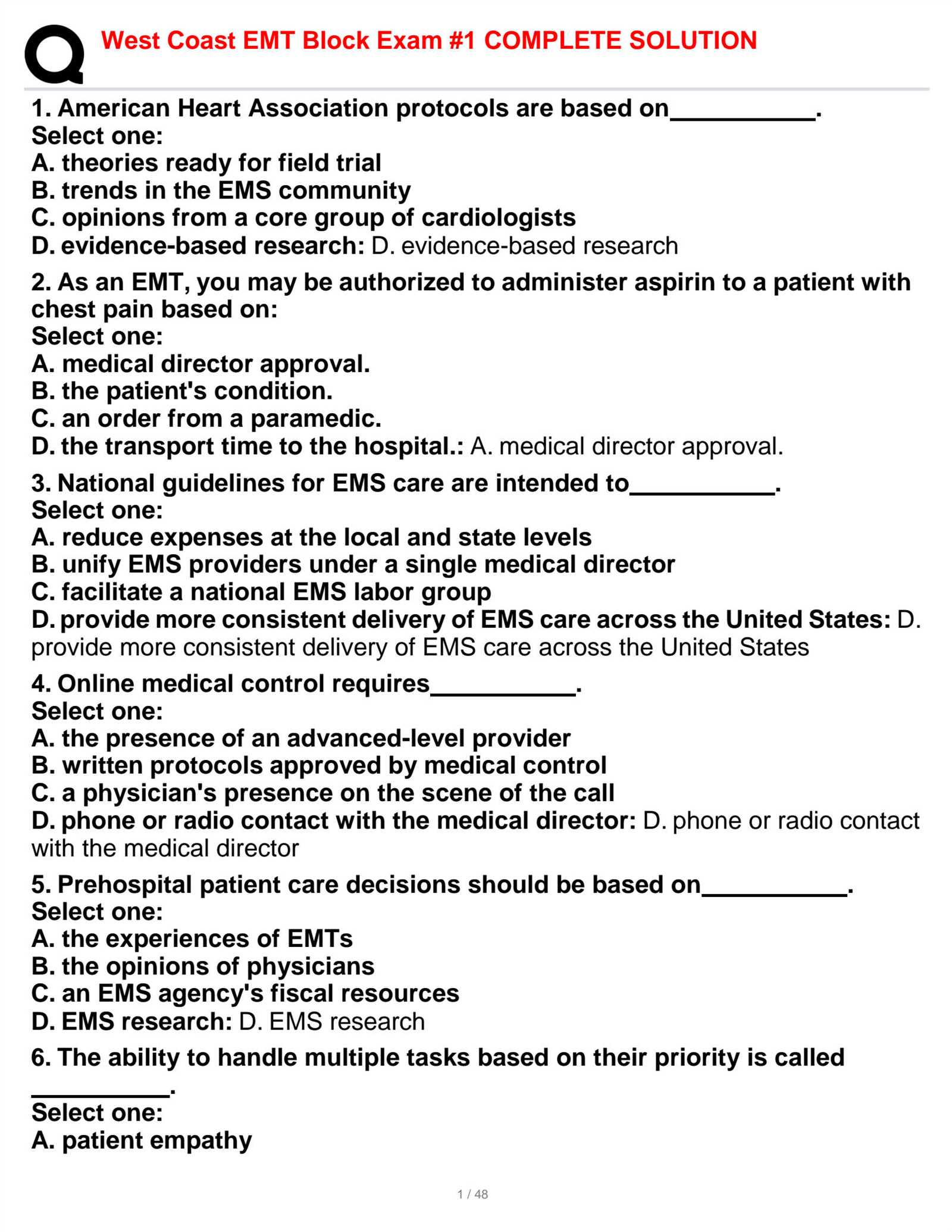 emt module 1 exam answers