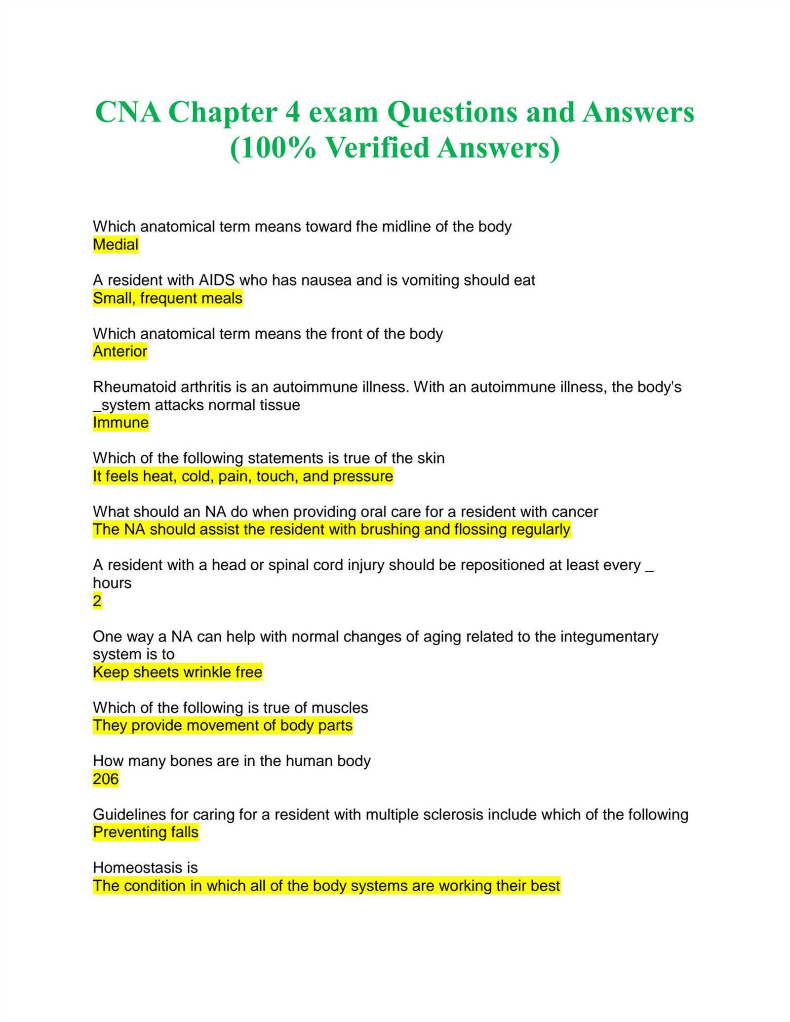 cna chapter 4 exam answers