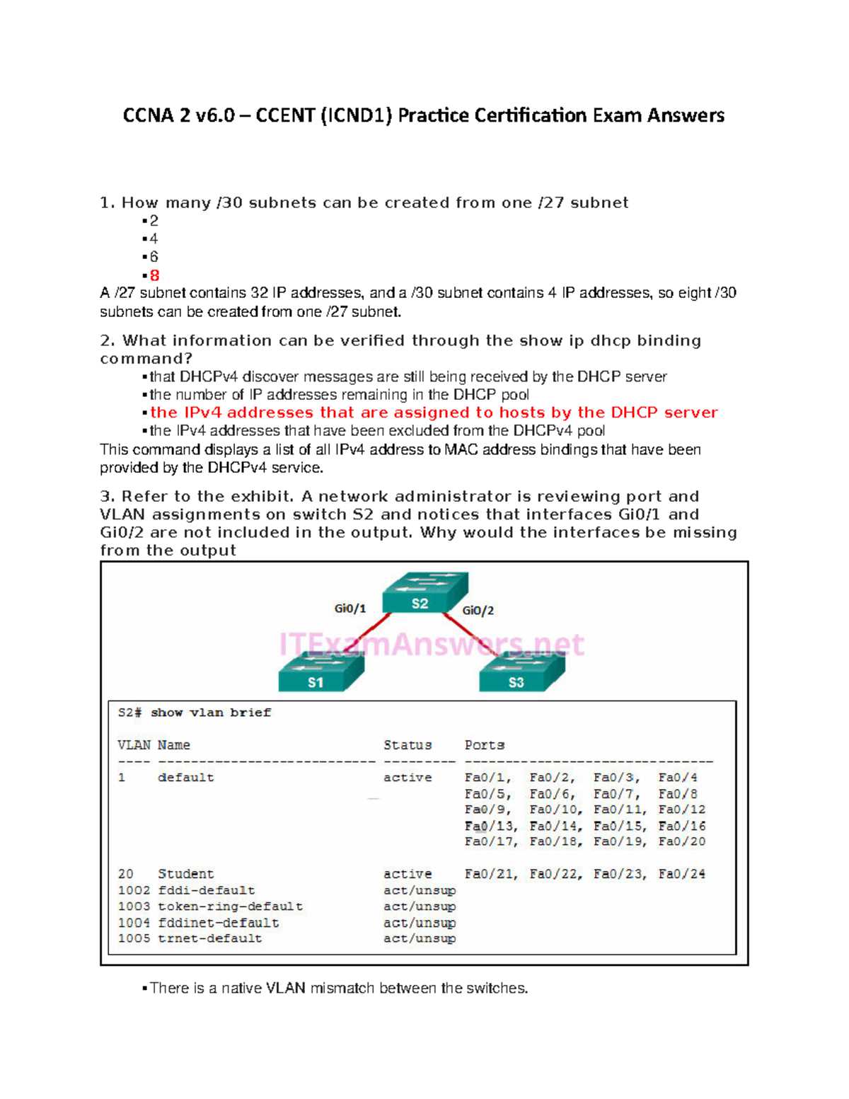 icnd1 exam answers