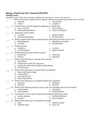 biology final exam review answers