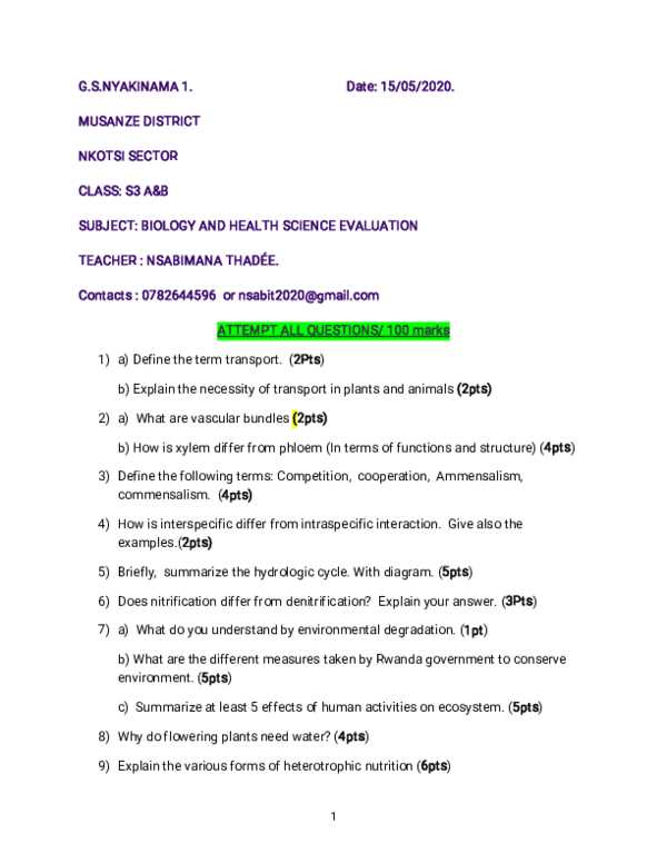 biology assessment answers