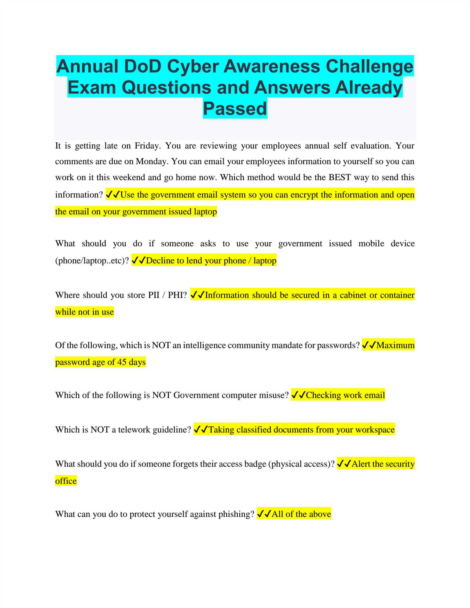 cyber awareness challenge test answers