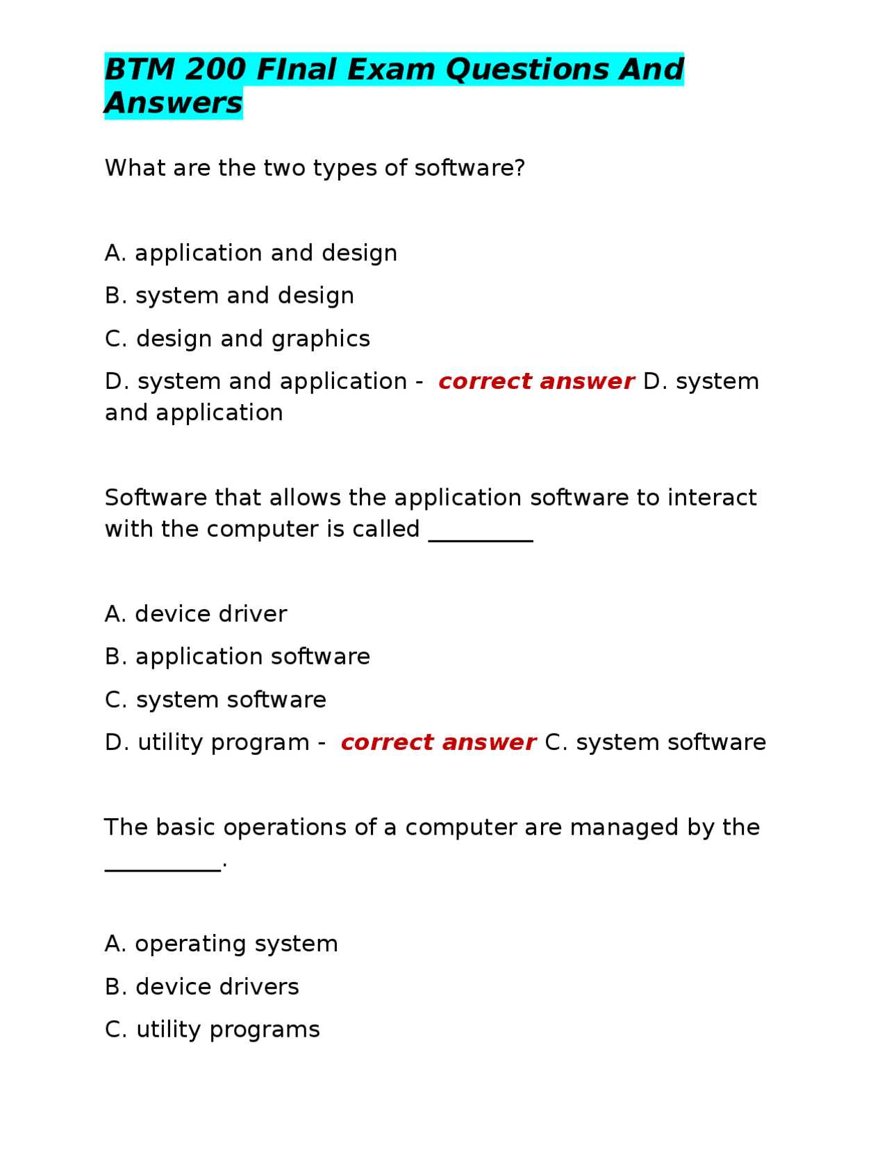 operating system final exam questions and answers