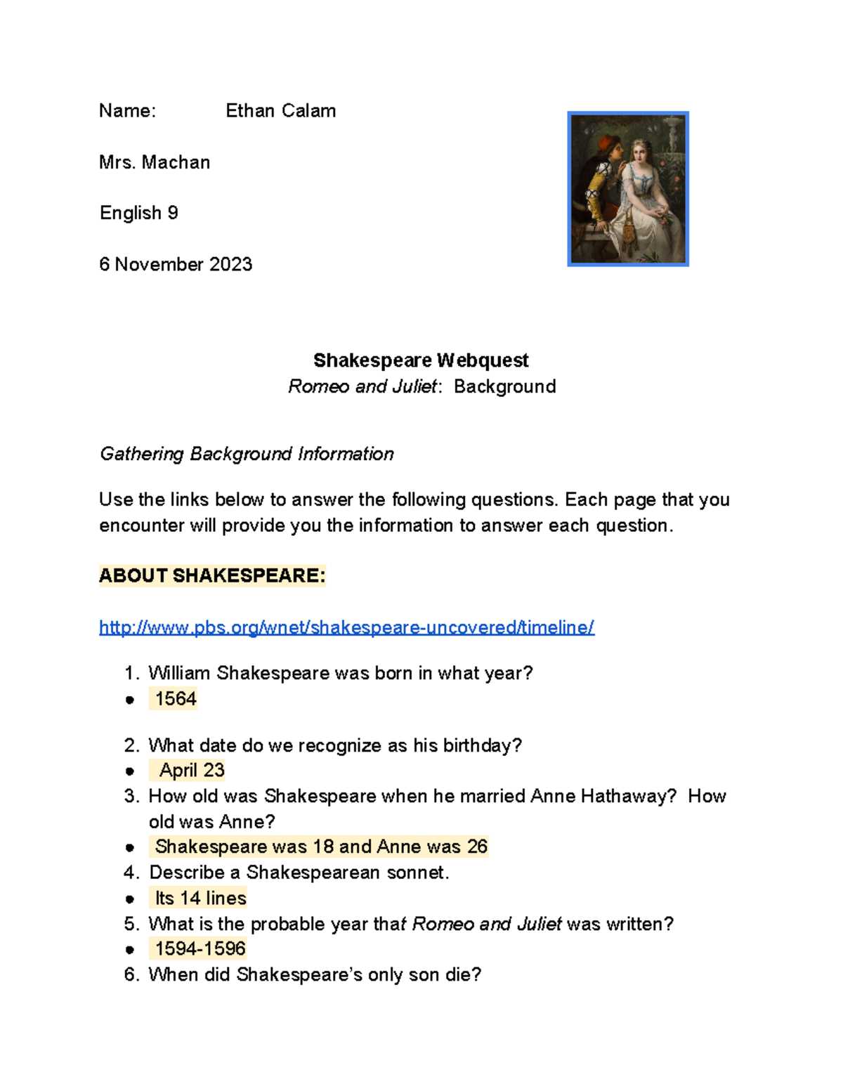 webquest shakespeare answers