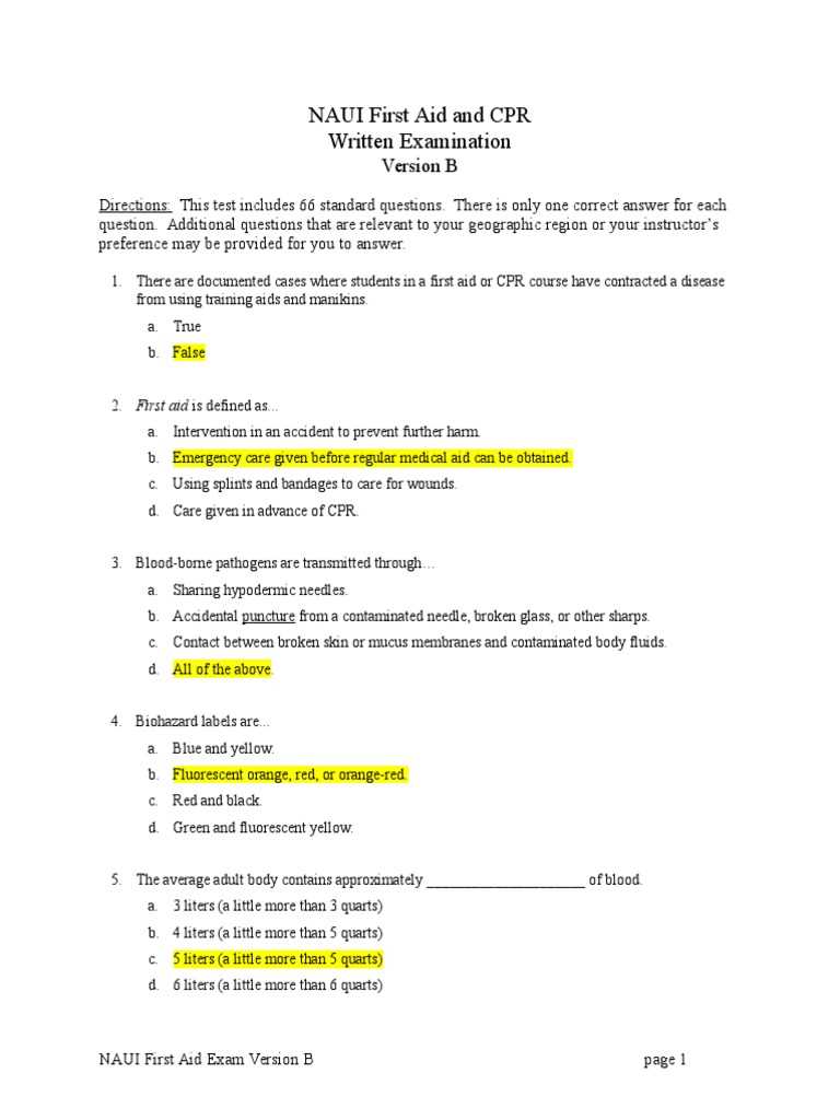 first aid exam a answer key