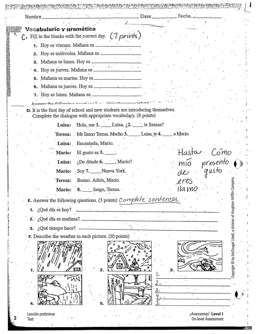 spanish 1 test answers