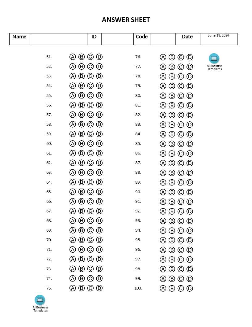 100 multiple choice answer sheet