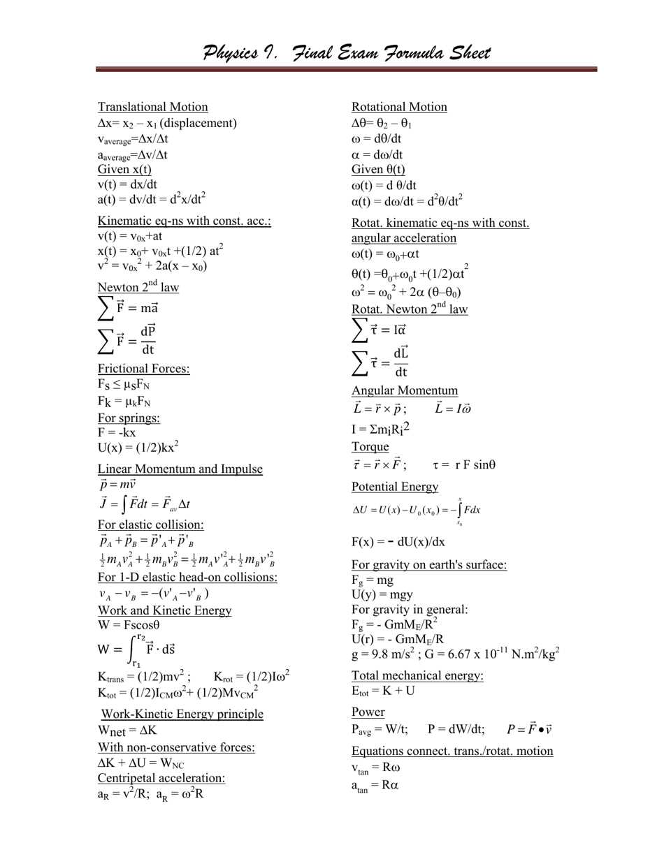 acs general chemistry 1 exam equation sheet