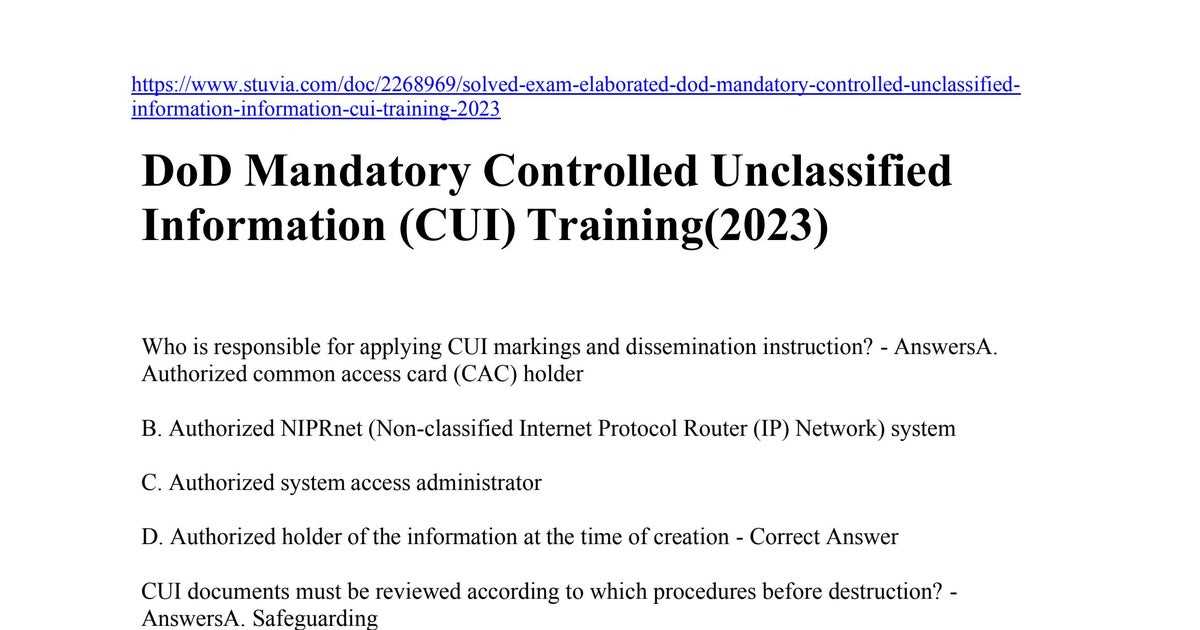 dod mandatory controlled unclassified information exam answers