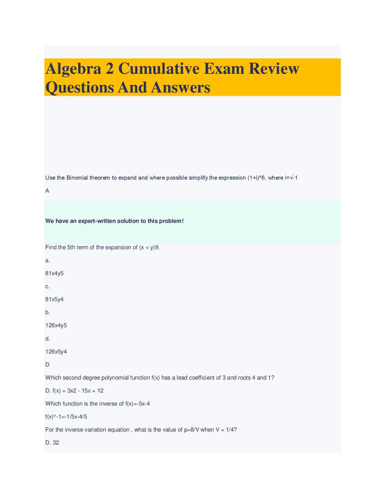 e2025 algebra 2 cumulative exam answers