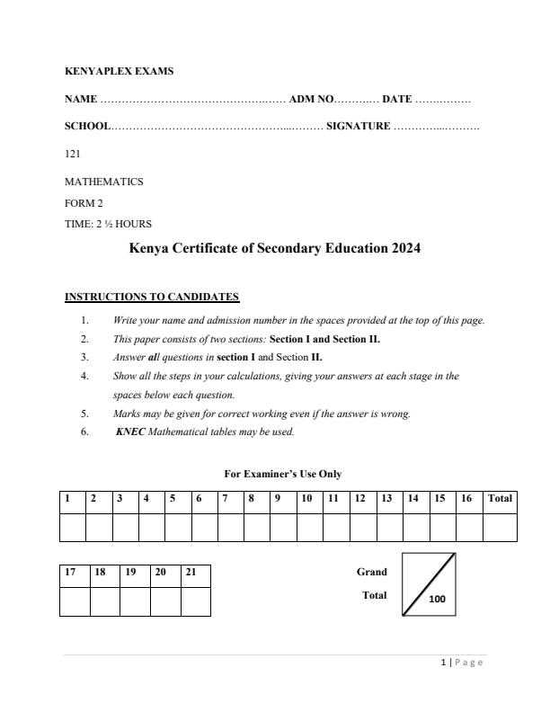 form 2 mathematics exam paper with answer