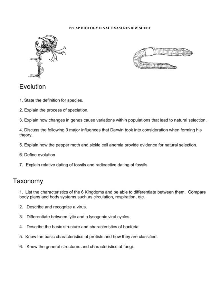 biology final exam review sheet