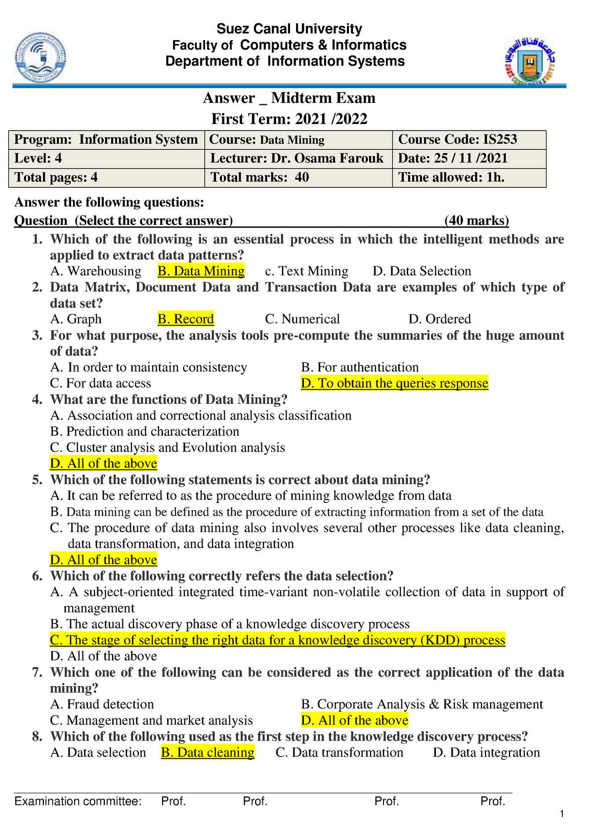 data mining exam questions and answers