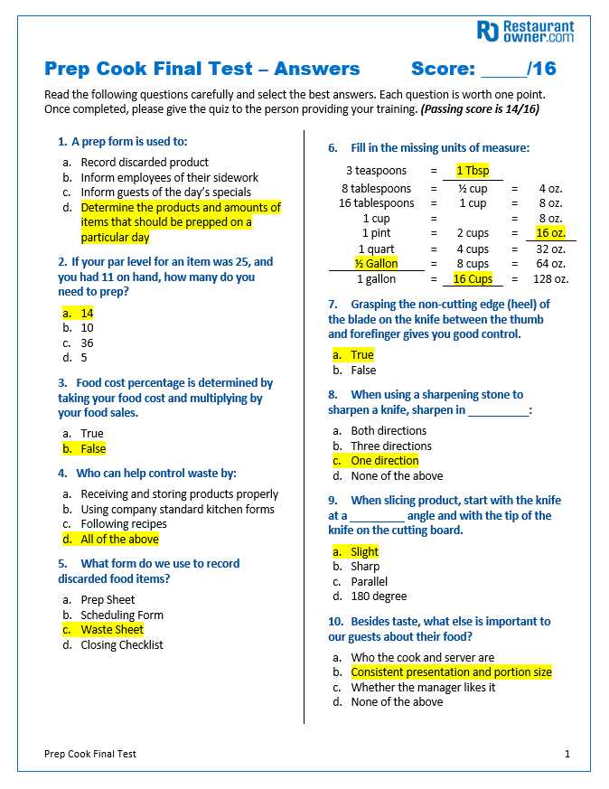 catering exam questions and answers