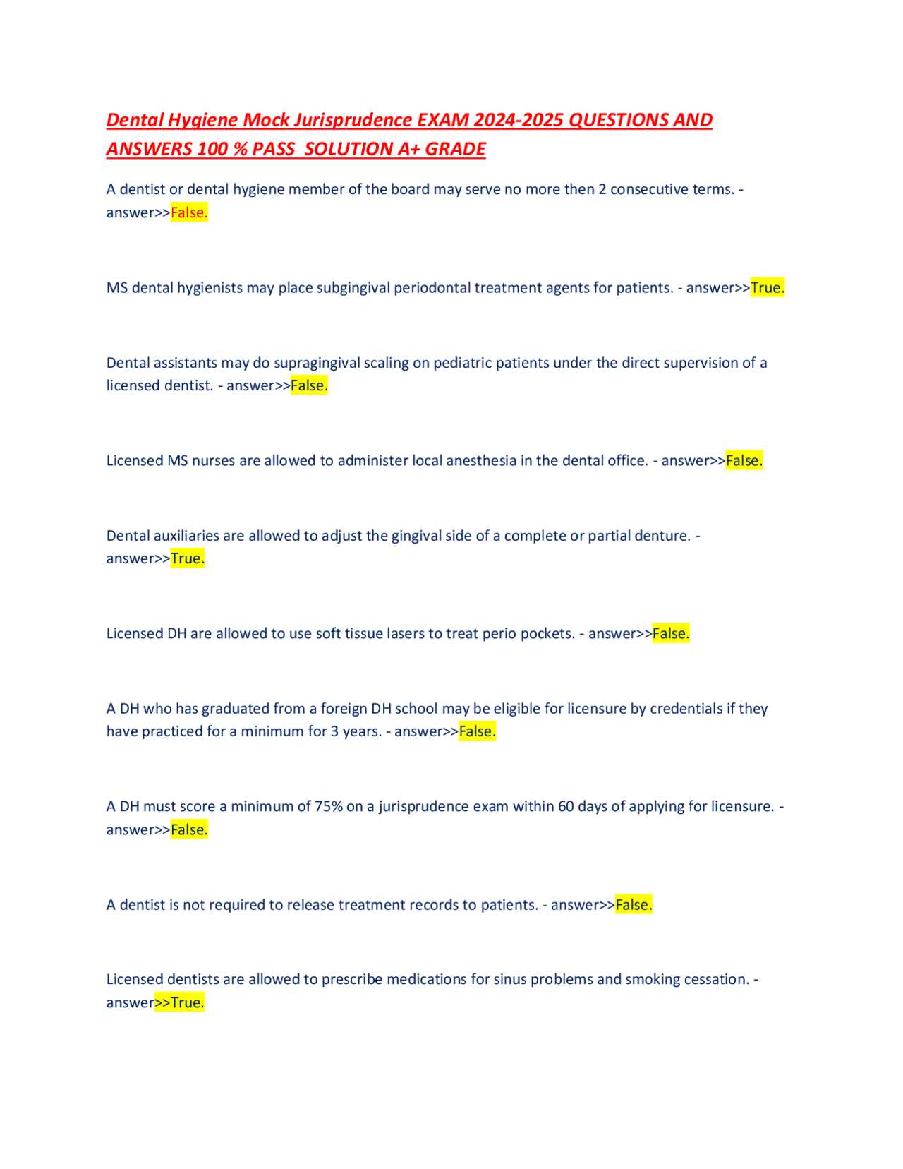 dental jurisprudence exam answers