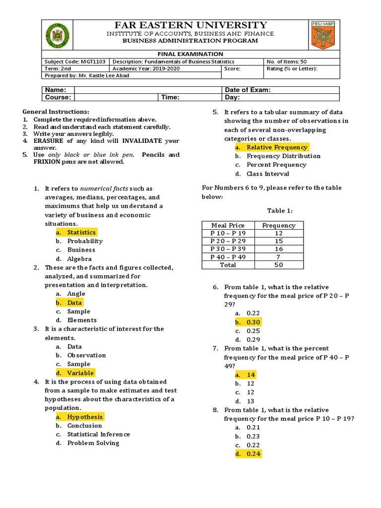 statistics exam answers