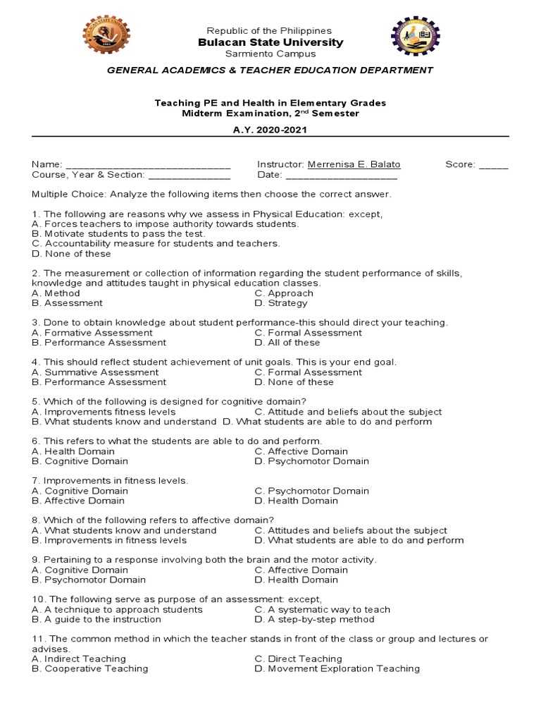 physical education midterm exam answers