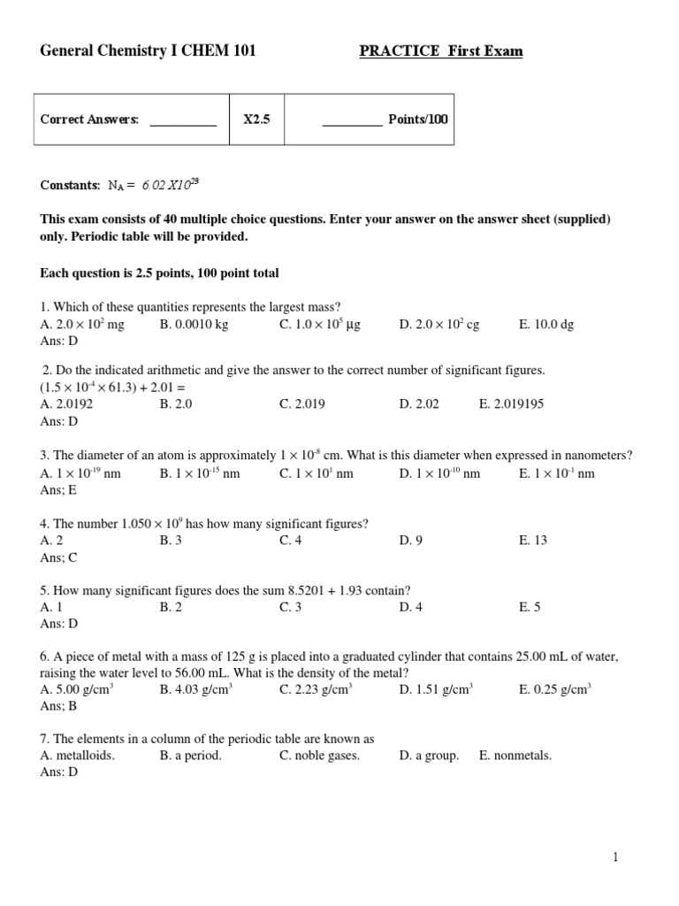 ap chemistry midterm practice test with answers