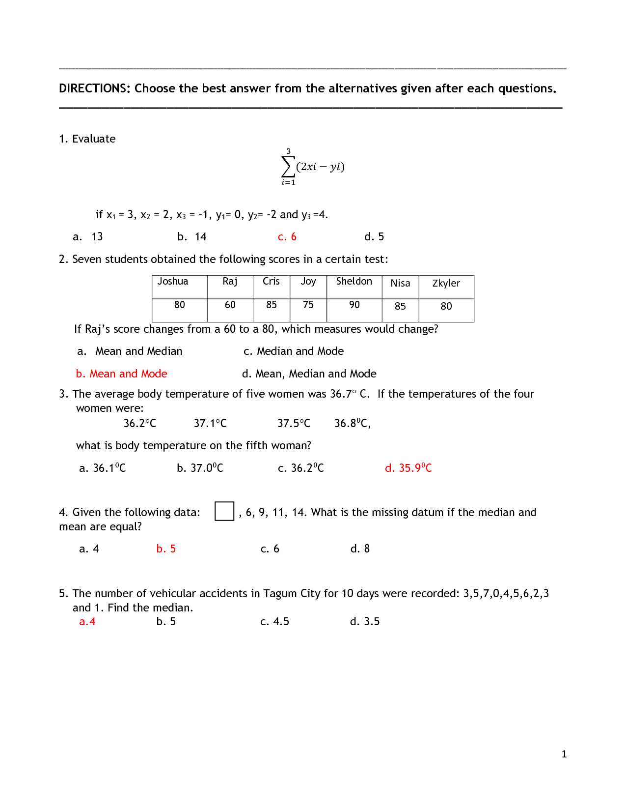 elementary statistics test questions and answers