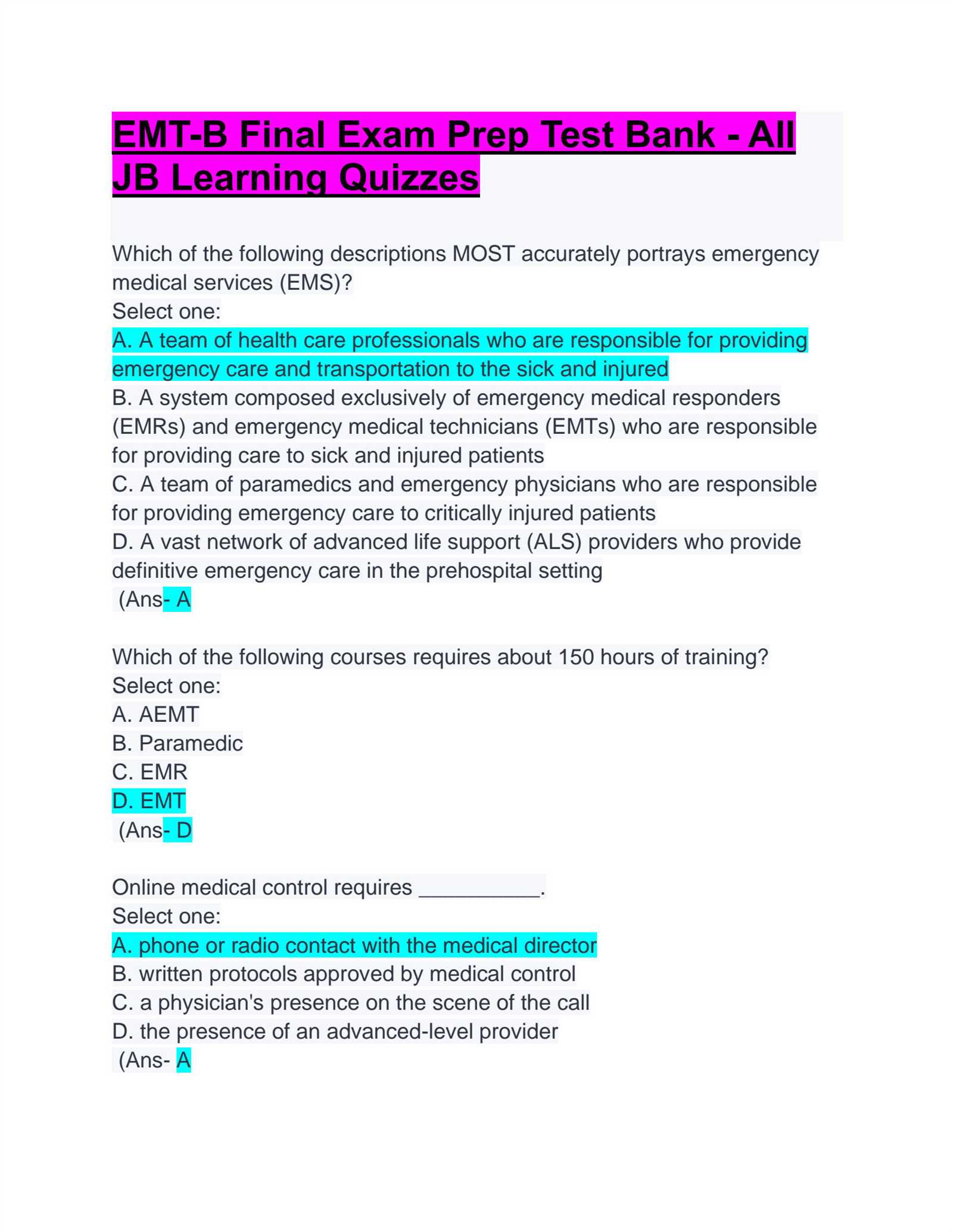 jblearning emt final exam answers