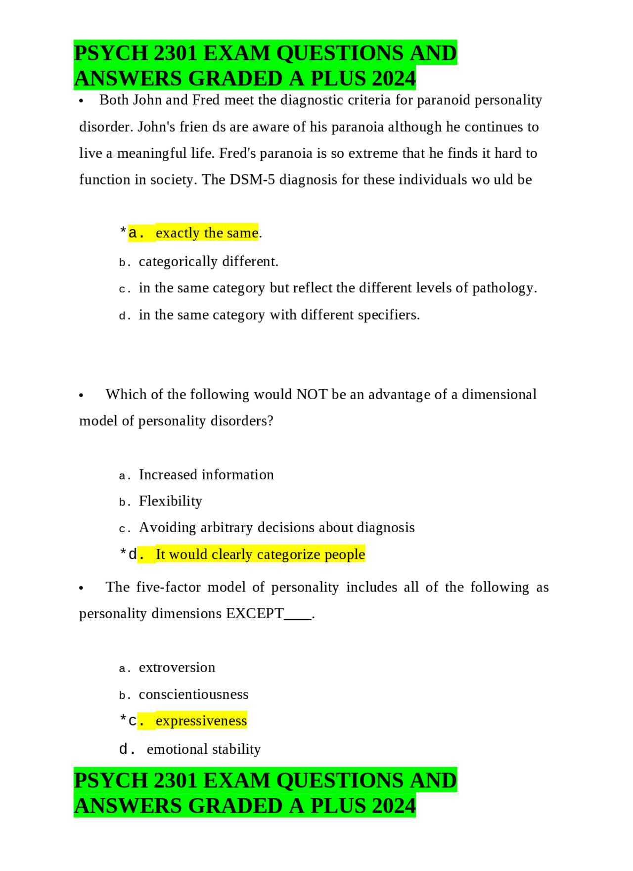 psychology 2301 exam 1 answers