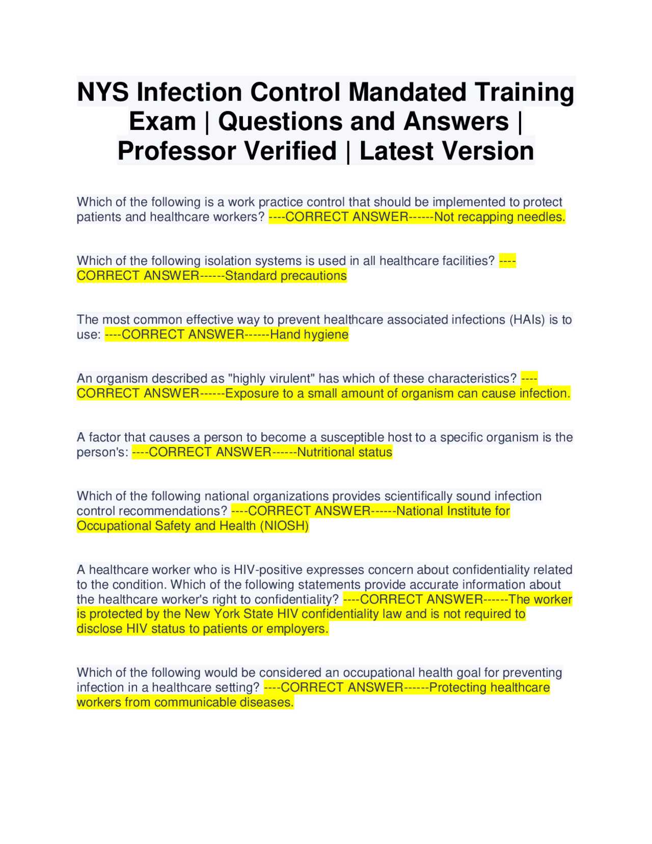 nys infection control exam answers