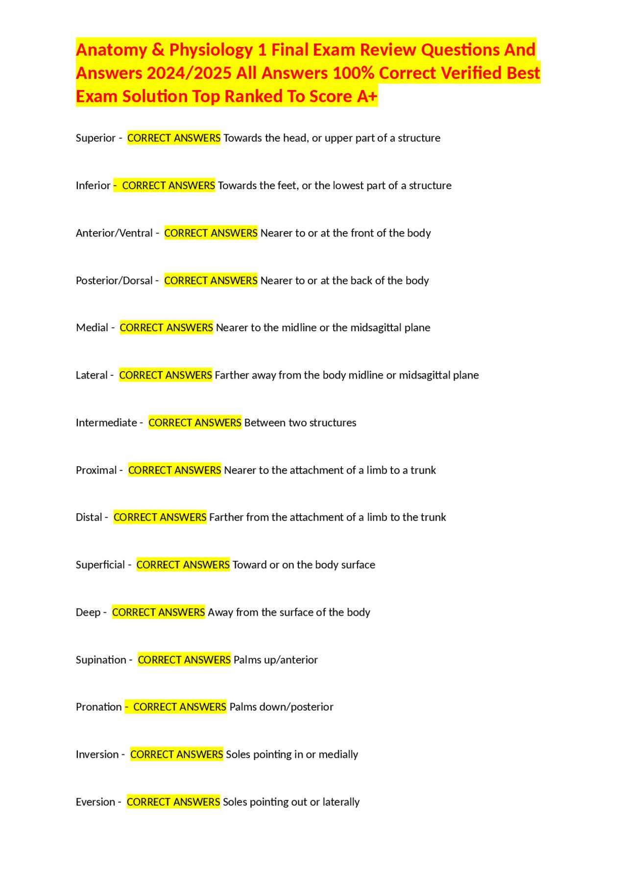 anatomy and physiology 1 final exam answer key