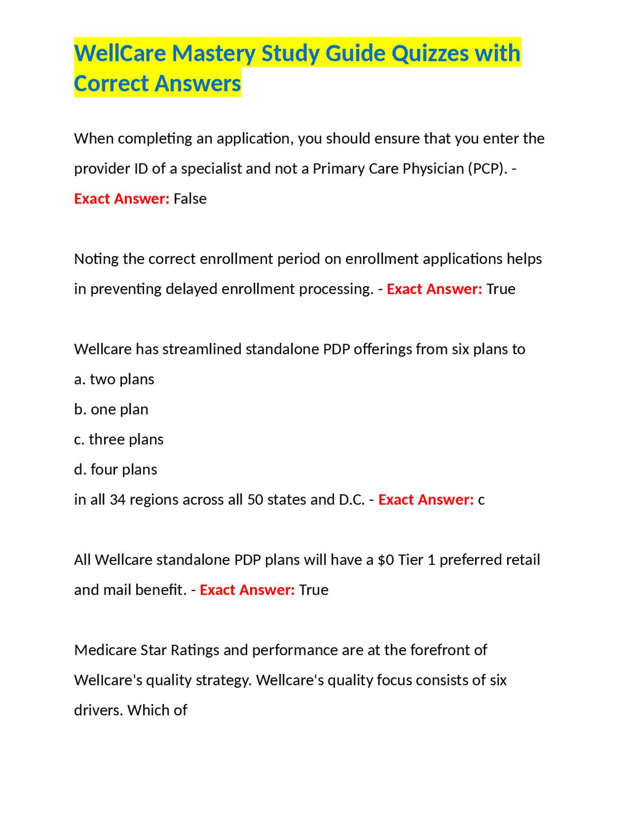 wellcare mastery exam answers 2025