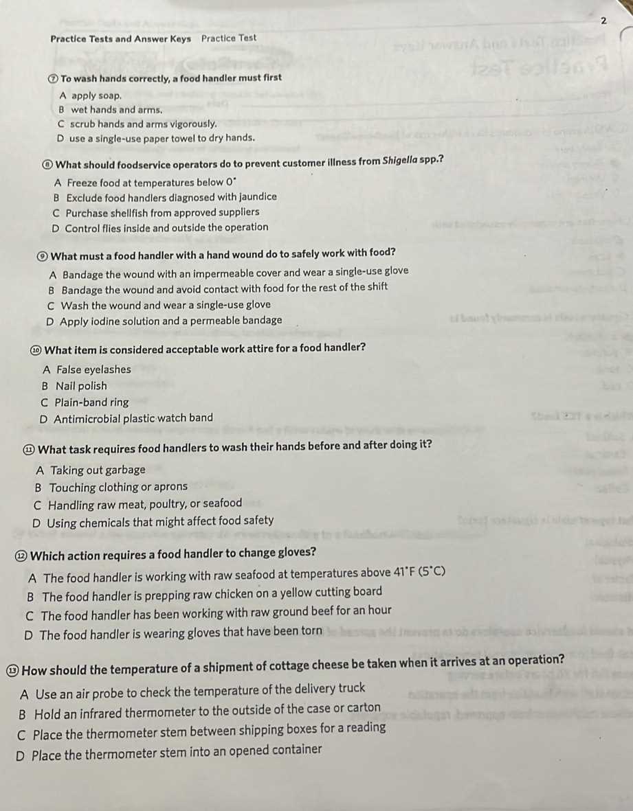 answers for the food handler test