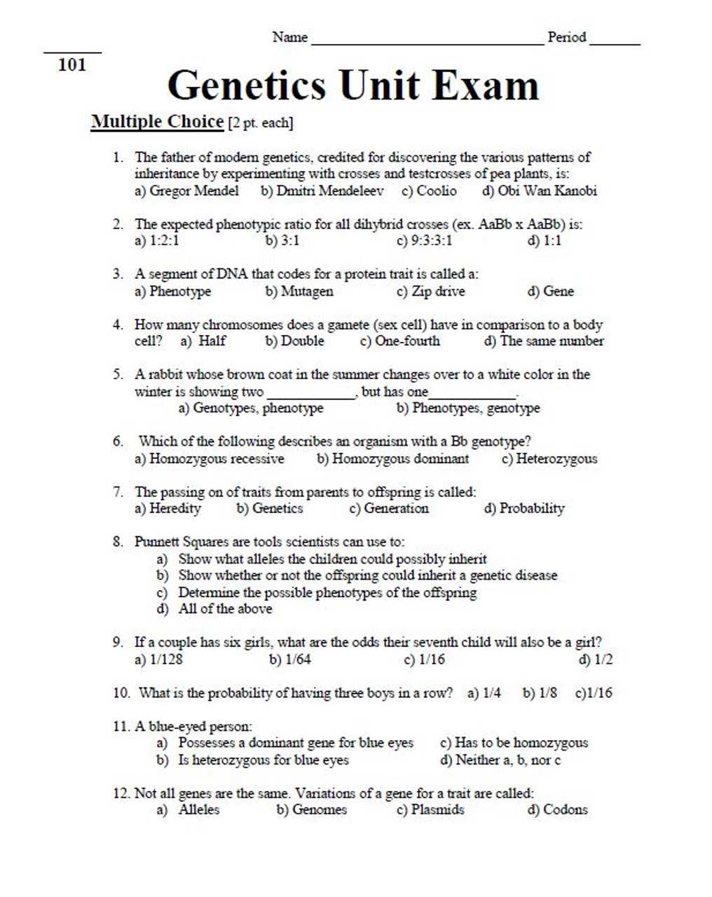 genetics exam review answer key