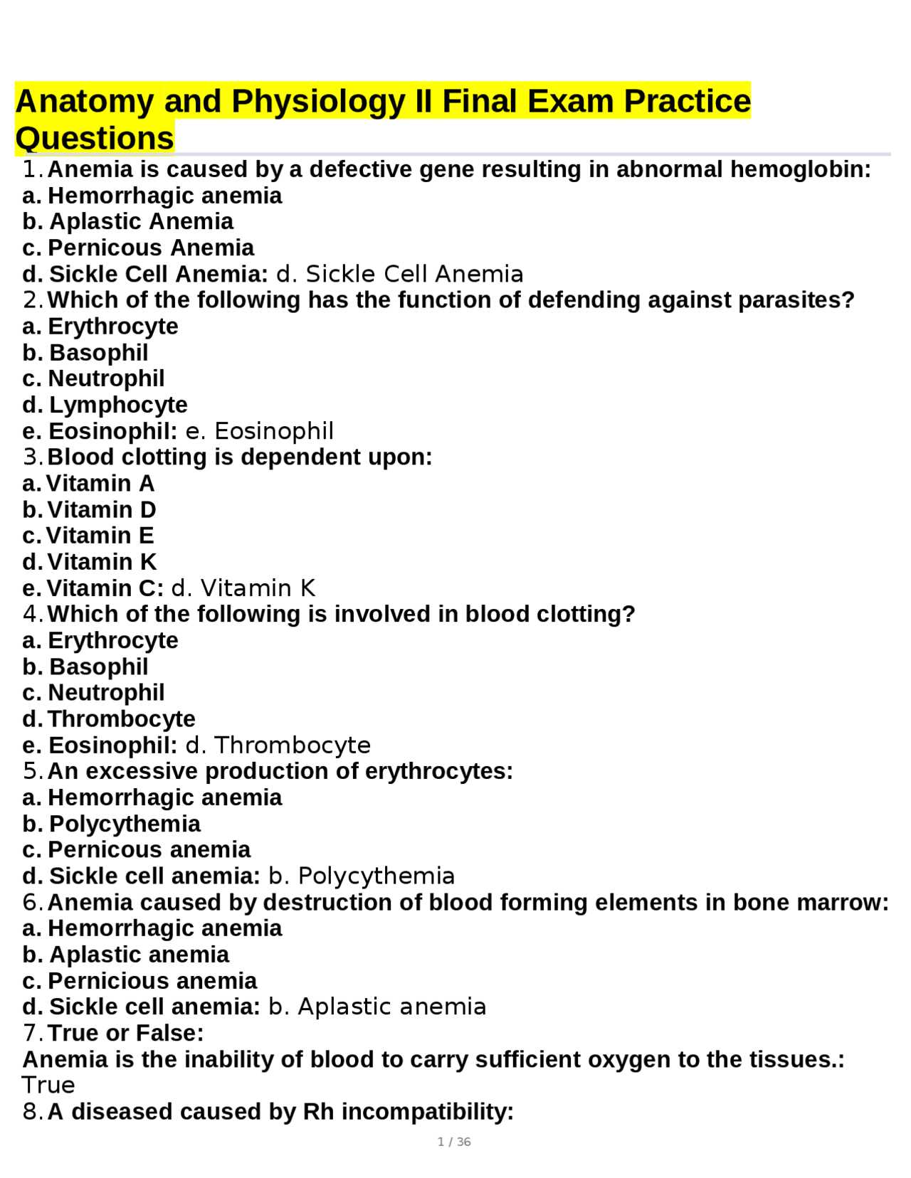 anatomy and physiology final exam practice