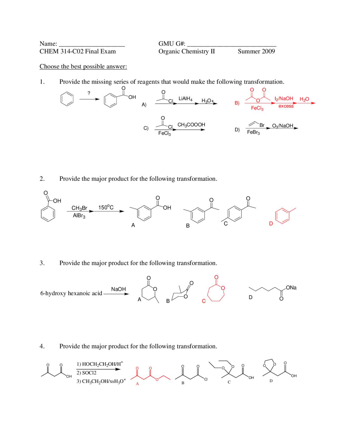 2012 acs organic chemistry exam answers