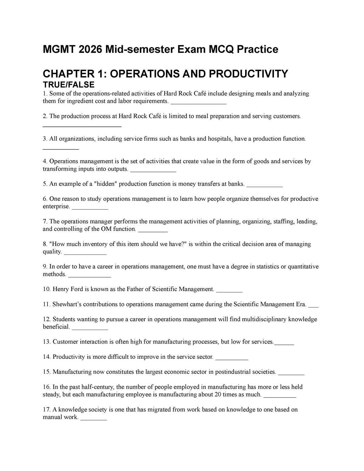 operations management exam questions and answers