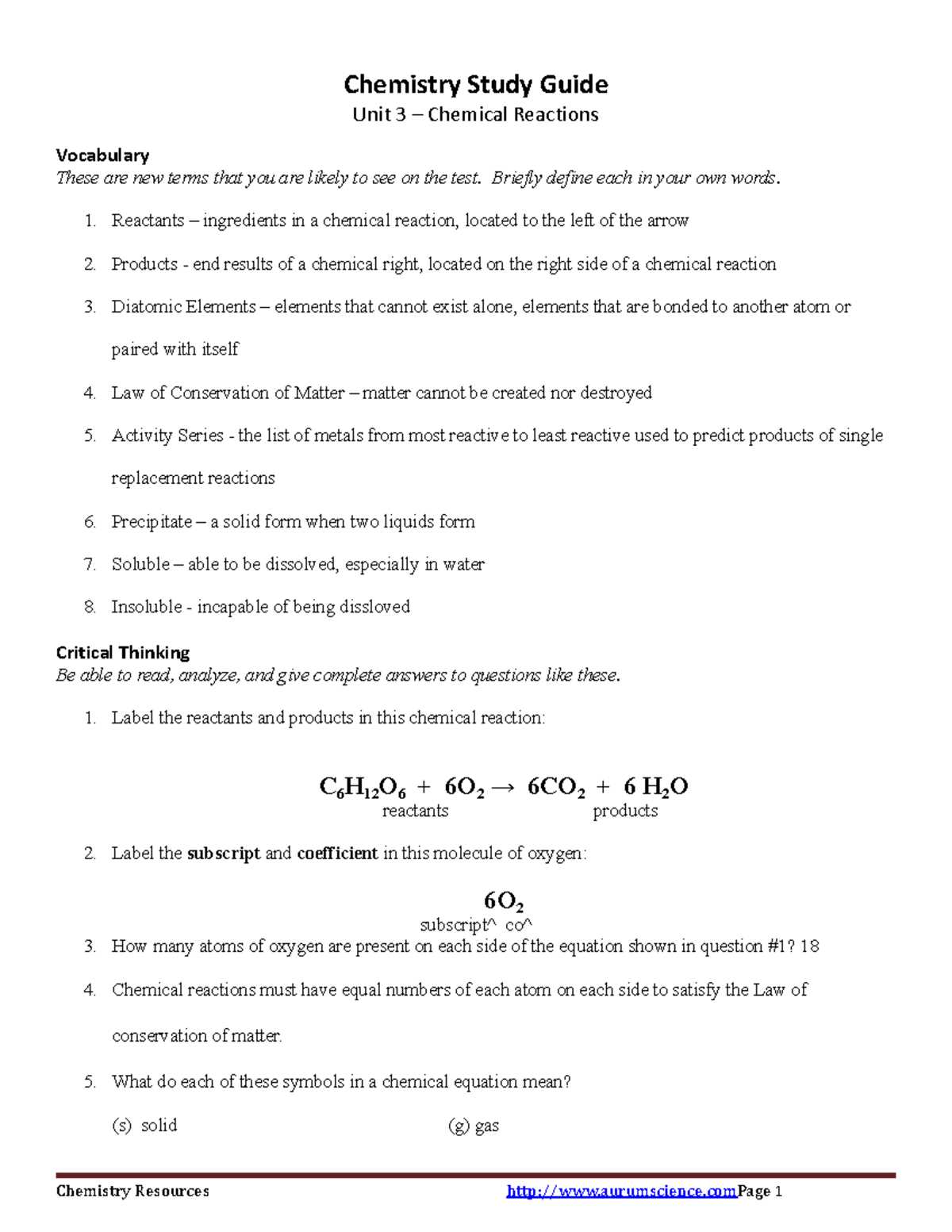 chemistry unit 3 review answers