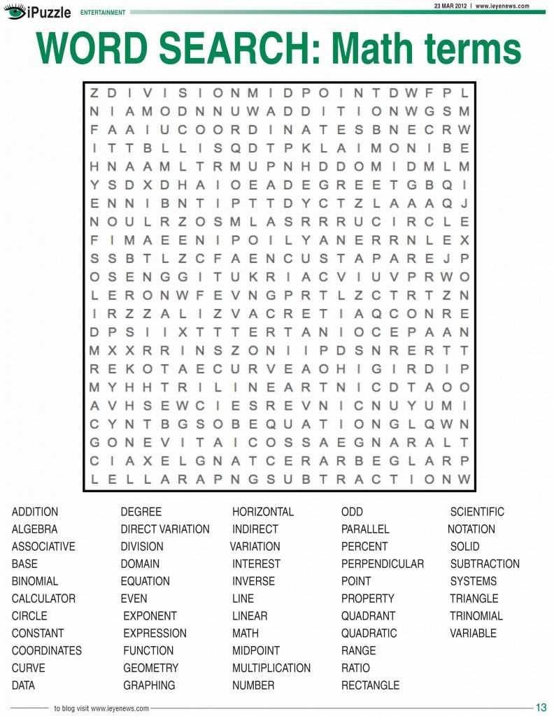 math vocabulary terms word search answers