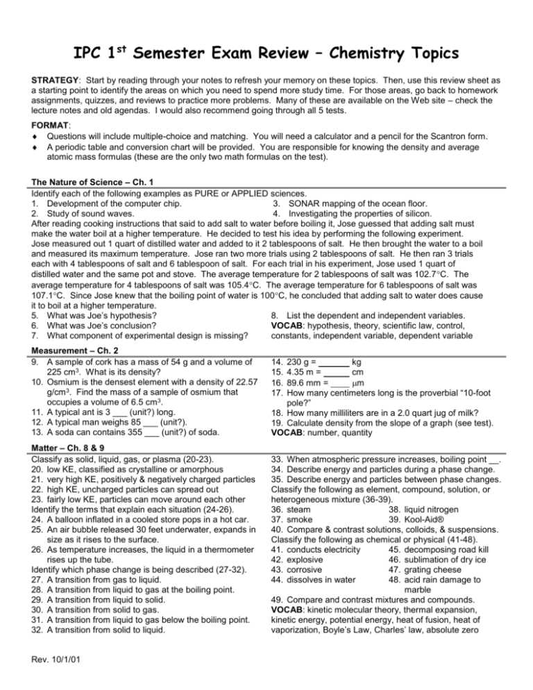 chemistry 1st semester exam review